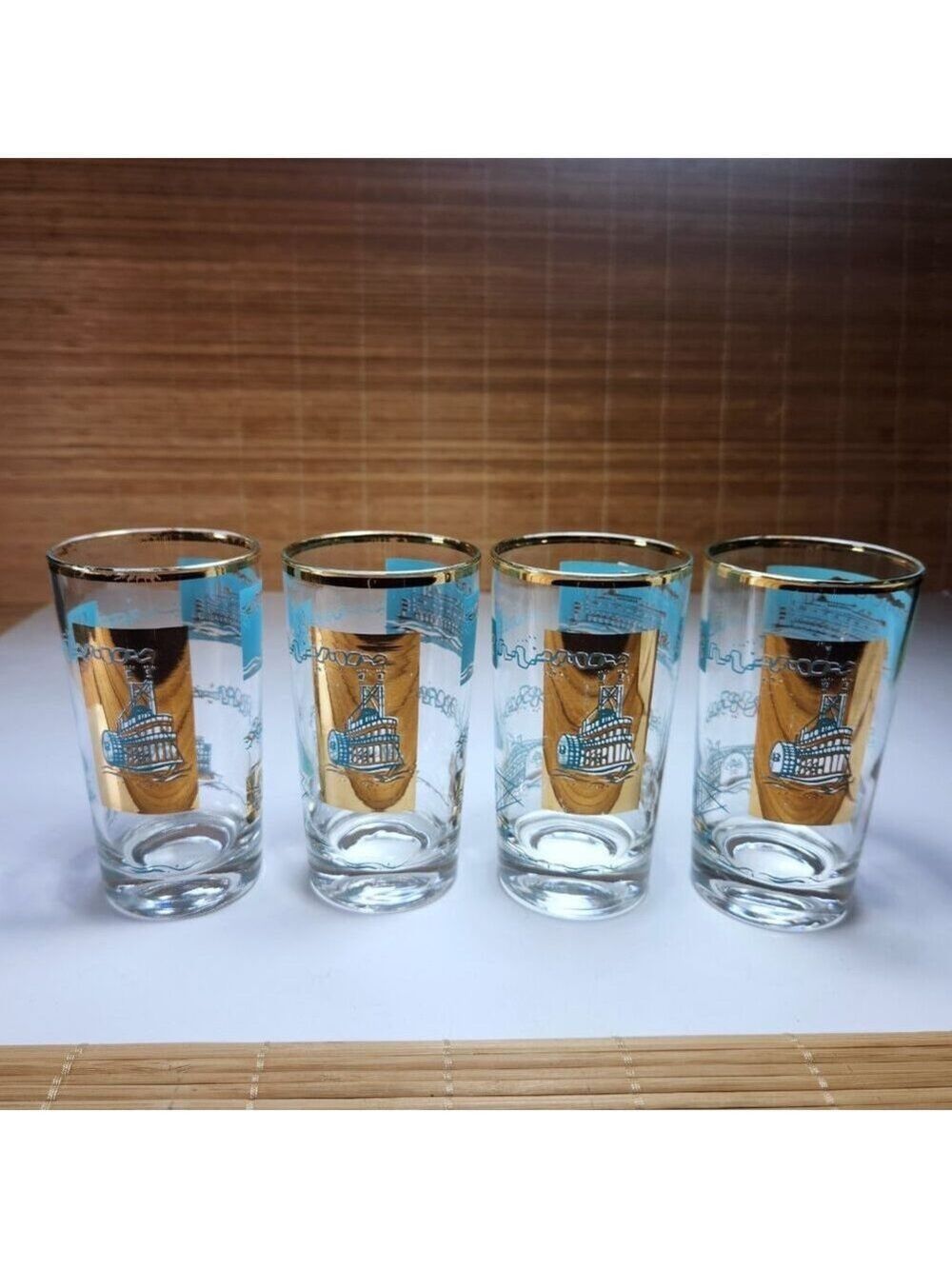Vintage Southern Comfort Steamboat Glasses Set of 4 MCM Gold Turquoise